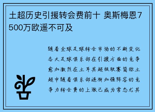 土超历史引援转会费前十 奥斯梅恩7500万欧遥不可及